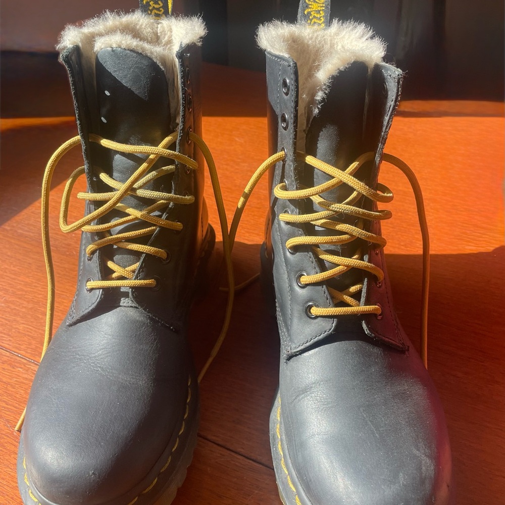 Dr. Martens Black Boots, fur lined with classic Yellow Laces and stitching